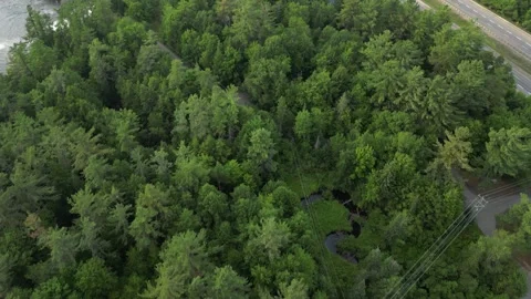Drone (down to up) view of Highway 11 and High Falls (distance shot) - Brace Stock Footage 314233621