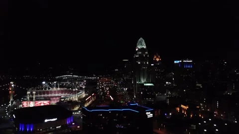 Drone Downtown Cincinnati at Night Stock Footage 135755752