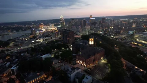 Drone Downtown Cincinnati Night / Monastery Event Center Stock Footage 196821517