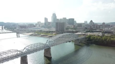 Drone Downtown Cincinnati Ohio River Skyline City Video stock 147465693