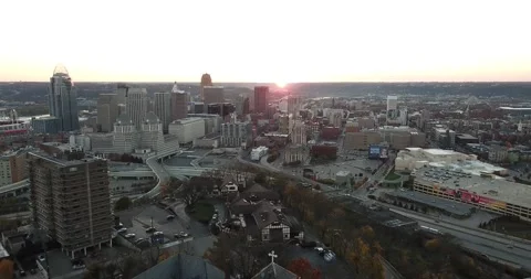 Drone of Downtown Cincinnati at Sunset Stock Footage 148499639