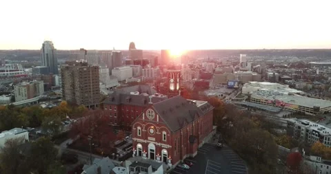 Drone of Downtown Cincinnati at Sunset with Monastery Event Center Stock Footage 148499588