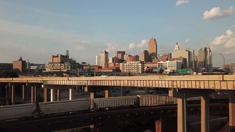 Drone Downtown City / Cars / Bridges Cincinnati, Ohio Stock Footage