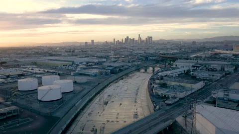Drone Downtown LA River 4K 30FPS Stock Footage 133837587