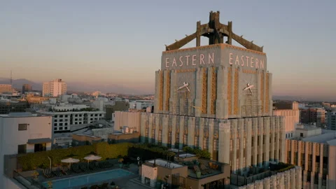 Drone Downtown LA Sunset 4K 30FPS Stock Footage 133838536