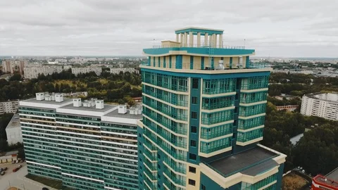 Drone drift close modern dormitory area apartment houses panel building new real Stock Footage 129469547