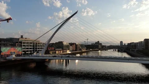Drone dublin over the river liffey, Samuel Beckett Bridge Stock Footage 133637474