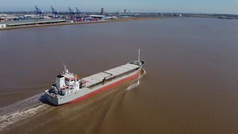 Drone. Empty container ship on the river hull. Hull.UK 14.4.2026 Stock Footage 333495952