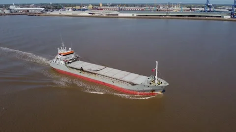 Drone. Empty container ship on the river hull. Hull.UK 1.4.2026 Stock Footage 333496149
