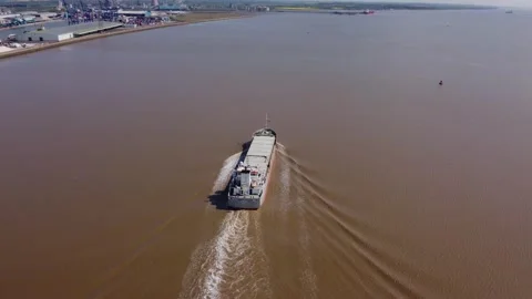 Drone. Empty container ship on the river hull. Hull.UK 1.4.2026 Stock Footage 333496274
