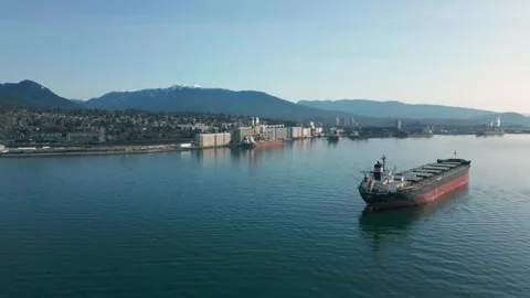 Drone of Empty Container Ship in Vancouver Harbor Return to North Vancouver Stock Footage 293862573