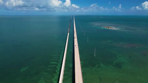 Drone Epic Bridge Over Ocean in the Florida Keys. Aerial Flight Over Stock Footage 256051244