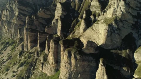 Drone epic grand cliffs ancient pillars on mountains, nature landscape Dagestan  Stock Footage 150921788