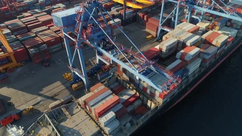 Drone epic motion sea universal commercial trade port costal container terminal Stock Footage 145590282
