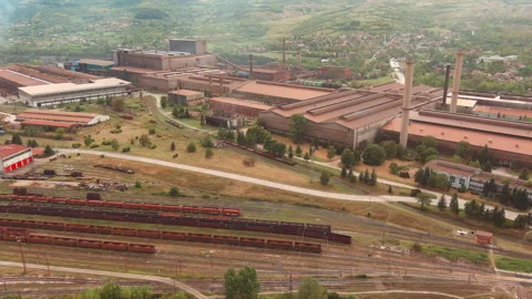 Drone Establishing Shot of Old Freight Trains By the Iron Factory. Zenica Bosnia Stock Footage 269131064