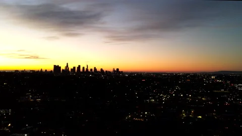 Drone: Evening to Night Hyper-lapse of Downtown Los Angeles Stock Footage 146339899