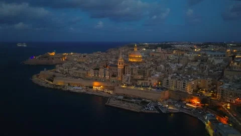 Drone evening night view of Valletta city, church. Capital of Maltese island Stock Footage 305411914