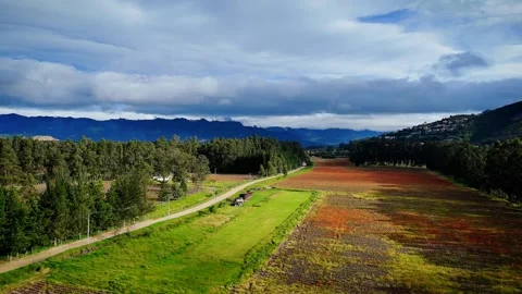 Drone exploration of countryside fields intersected by highway Stock Footage 316113739