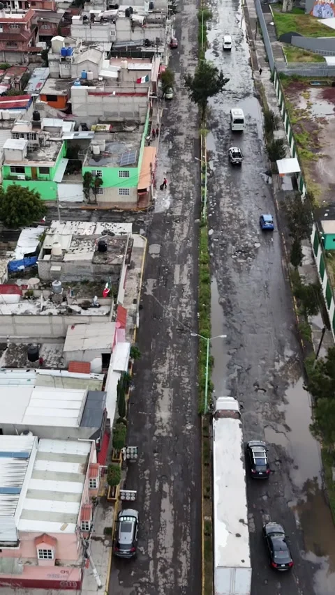 Drone explores Ecatepec’s bumpy paths. Vertical shot Video stock 293771566