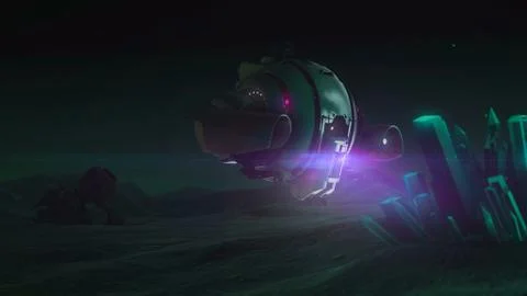 Drone explores glowing crystal. Night sky Illustrazione stock