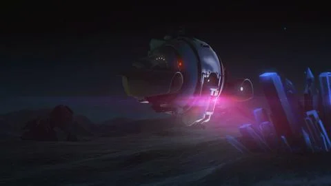 Drone explores glowing crystal. Night sky Stock Illustration