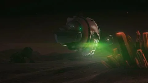 Drone explores glowing crystal. Night sky Illustrazione stock