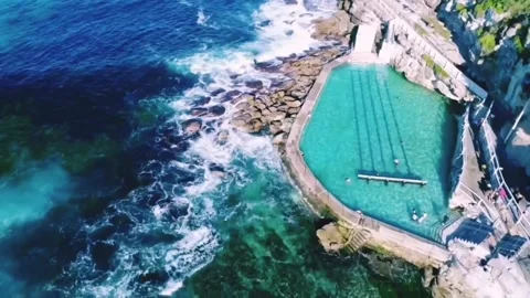 Drone Eye over Bronte Beach Ocean Pool Stock Footage 112363957