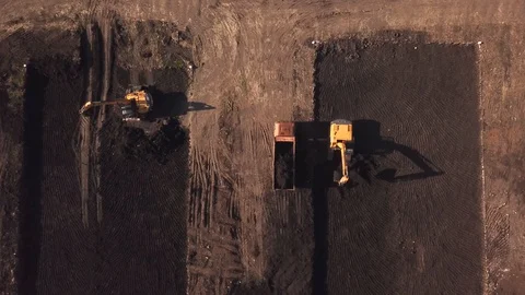 Drone eye view of construction site with machinery, truck, excavator. Stock Footage 108038945