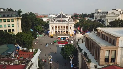 Drone facade opera house central Hanoi Vietnam French colonia road traffic Sight Stockbeeldmateriaal 106746171
