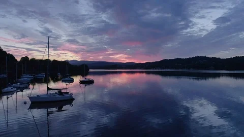 Drone Facing Sunset Low Fly Rising Long Shot, Windermere Sunrise Lake District Stock-Footage 102952538