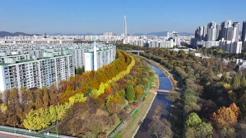 Drone of fall foliage at yangjaecheon at mido apartments in daechi dong, gan Vidéo 260020370