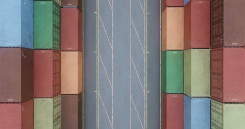 Drone filming rows of cargo shipping containers at transportation sea port Video stock 114138468