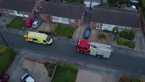 Drone. Fire engine and ambulance in urban street setting. Hull.UK 5.7.2025 Stock Footage 317939729