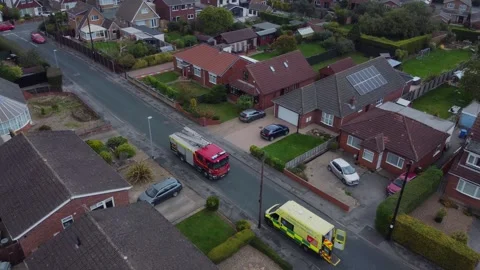 Drone. Fire engine and ambulance in urban street setting. Hull.UK 5.7.2025 Stock Footage 317939766
