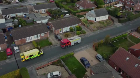 Drone. Fire engine and ambulance in urban street setting. Hull.UK 5.7.2025 Stock Footage 317940088