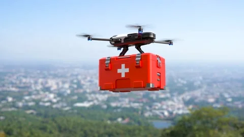 Drone with first aid kit on blue sky, Emergency medical care concept Stock Footage 246339481