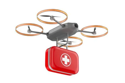 Drone with first aid kit on white background. Isolated 3d illustration Stock Illustration