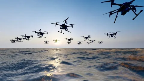 Drone fleet surveys the ocean Stock Footage 300239297