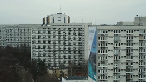 The drone flies above blocks of flats. Video stock 105679037
