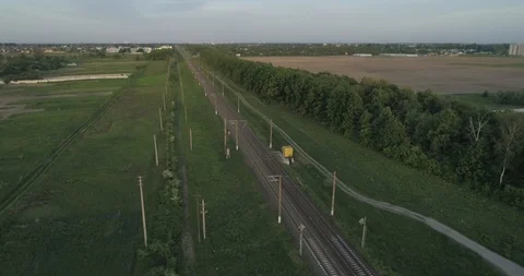 Drone flies above the empty railroad tracks Stock Footage 108455795
