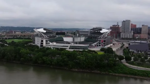 Drone Flies Above Ohio River to reveal Paycor Stadium. Home of the Cincinnati Stock Footage 345739925