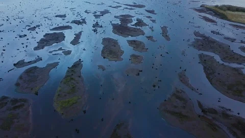 A drone flies above the river backwaters. Stock Footage 114192065