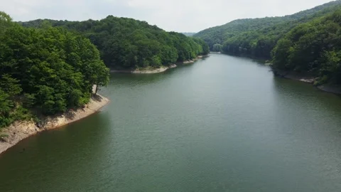Drone flies above surface of a lake on mountain Bukulja, Serbia Stock Footage 260008366