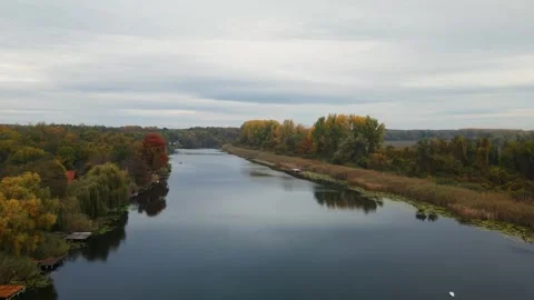 Drone flies above water surface of river surrounded with vegetation in autumn Stock Footage 263130485