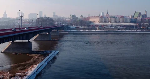 The drone flies along the bridge connecting two banks of the Vistula. Stock Footage 112076375