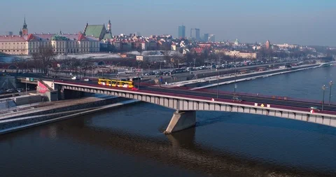 Drone flies along ?l?sko-D?browski bridge, following the tram. Stock-Footage 112153421