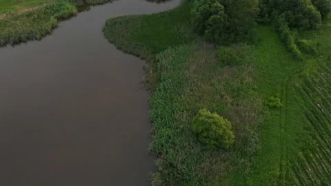 A drone flies along the river to its beginning on a warm summer evening. Stock Footage 170567246