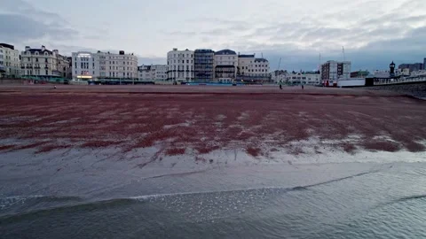 Drone flies back from waterfront of Brighton and empty beach at dawn Stock Footage 189351877