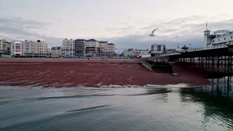 Drone flies backwards from waterfront of Brighton, beach and Palace Pier Stock Footage 189353237
