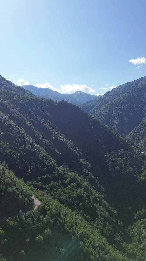 Drone Flies Close Along Forested Slope, Mountain Road, Georgia Stock Footage 337543422